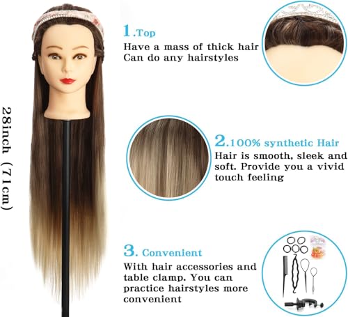 Frisierkopf, Auzass Frisurenkopf 26-28 Inch 100% Kunsthaar Weich Übungskopf Ombre Friseurkopf Trainingsköpfe Mit Halter + DIY Haare Frisuren Set zum Üben von Frisuren (Brown to Deep Gray)