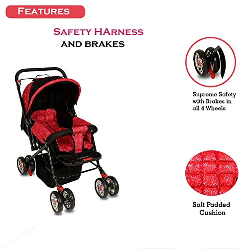 Image of Pop Pop Baby Pram & Stroller with Reversible Handle, Mosquito Net, Mother Bag, Multiple Reclining and Wheels with Brake (Red)