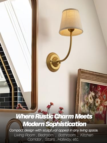 Image of Vintage Fabric Wall Sconces Set of 2 with 5.5 inch Funnel Linen Cloth Shade, E26 Hardwired Indoor Wall Mounted Lamp Fixtures for Bedroom Dining Room Hallway Bathroom