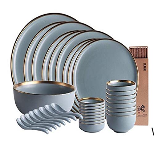 MIIKHI Vajilla de cerámica, 34 Piezas, Juego de vajilla de Porcelana Azul Phnom Penh, Cuencos de cerámica, Plato Llano, Servicio de Cuchara para 8 Personas, Regalo de inauguración de la c