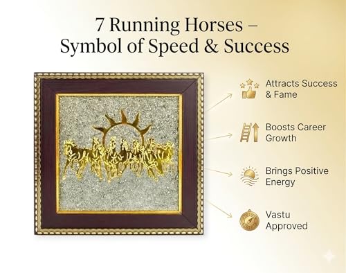 Image of 7 Horses on Raw Pyrite Frame & Pyrite Tortoise (Kachhua) Combo | Vastu Feng Shui Wealth, Money, Good Luck Decor for Home Office Gift