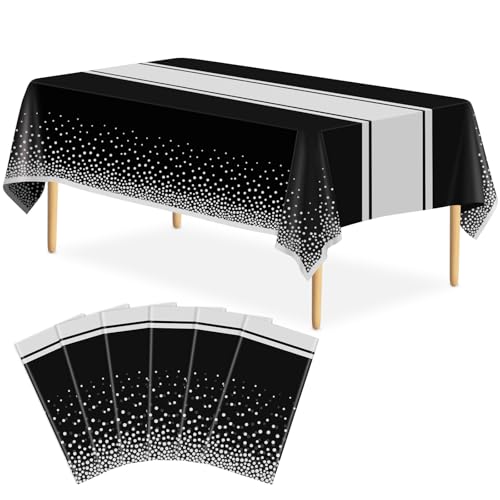 Image of 6 Pack Black and Silver Tablecloth Party Decorations Plastic Black Tablecloth Printed Silver Table Runner 54 x108 Inch Disposable Rectangle Table Cover for Birthday Wedding Graduation