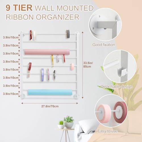 Image of Menkxi 9 Tier Wall Mounted Ribbon Organizer Metal Ribbon Holder Organizer Rack Wrapping Paper Storage for Sewing Craft Mesh Thread Tape Wreath Crochet Craft Room Flower Shop(White)