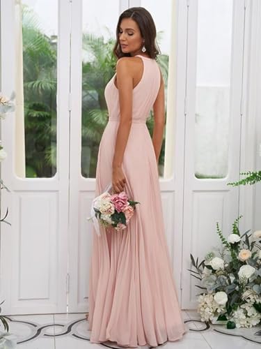 Women's Halter Bridesmaid Dresses Long Flowy A-Line Chiffon Ruffles Formal Evening Gown with Pockets3