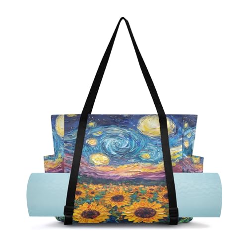 Lxqimora Field Starry Night Blue Yoga Mat Bag for Women Water-Resistant Gym Bag with Yoga Mat Holder Tote Bag for Office Gym Travel Yoga
