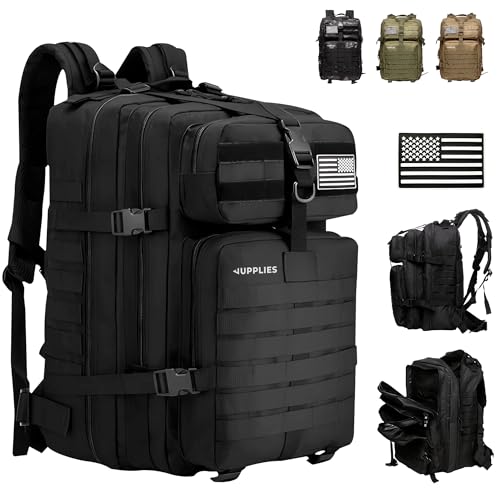 JUPPLIES Mochila Tactica Militar 45L Impermeable Oxford 600D IPX5 con Sistema MOLLE y Cremalleras Reforzadas – Gran Capacidad para Crossfit, Gimnasio, Senderismo, Viajes o Supervivencia(Negro)
