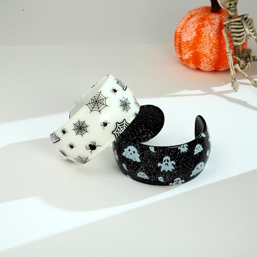 WOWORAMA 2pcs Acrylic Halloween Bracelet Set for Women Chunky Resin Acrylic Cuff Bangles Glitter Ghost Spider Pumpkin Bracelet Goth Halloween Jewelry