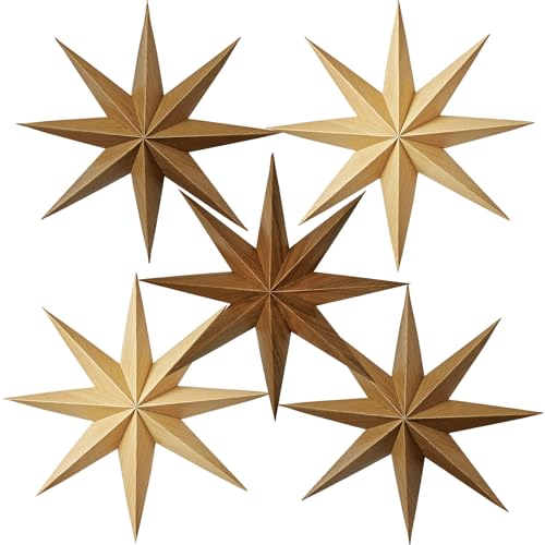 SUNBEAUTY 5 piezas Estrella de Navidad para colgar, grano de madera 3D, estrella de papel, linterna colgante, decoración bohemia rústica para árbol de Navidad, boda, aniversario, habitación, techo