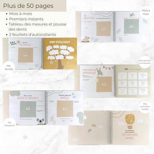 HuBorns - Livre de Naissance pour Coller des Photos et Écrire avec plus de 50 Pages et Autocollants, Album Photo Bebe de Première Année jusqu'à ses 5, Idéal comme Cadeau Naissance (Lapins, Français) – vue 6