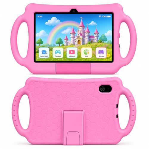 Oteeto TAB75 Tablet Pink 7 Inch HD Display 6GB RAM 256GB Storage Quad Core 3500mAh Battery WiFi Shockproof Case with Handle Learning & Gaming Tablet for Kids