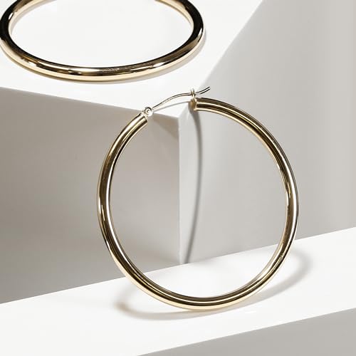 Image of 14k Yellow Gold Classic Shiny Polished Round Hoop Earrings, 3mm tube
