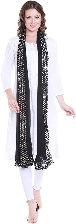 Women's Black Chiffon Dupatta with Mirror work lace.4