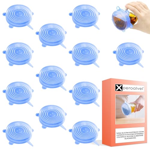 Tapas silicona ajustables cocina 12 piezas ajustables a latas botes tazas vasos multifuncionales Innovación en Conservación de Alimentos Libres de BPA resistentes al lavavajillas Eco-Friendly azul