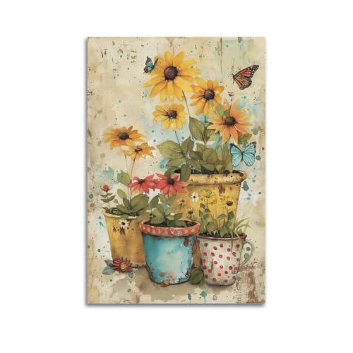 Décoration murale fleurs aquarelle papillon coloré toile vintage salon chambre