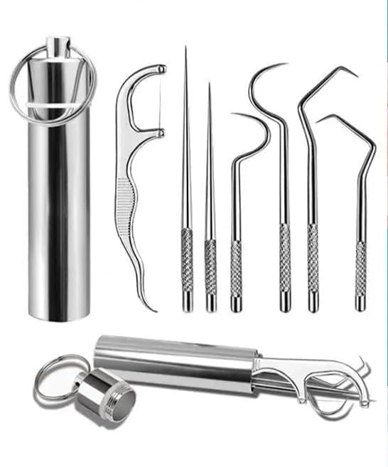 7-in-1 Stainless Steel Teeth Cleaning Tool Kit | Premium 304 Stainless Steel Reusable Toothpicks & Dental Flosser Set | Portable Oral Care Hygiene Kit with Keychain Storage Case-image-43