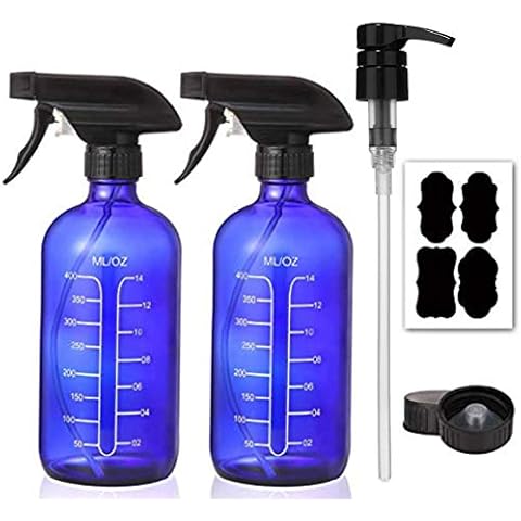 500ml Cobalt Blue Glass Spray Bottles with Measurements - Empty Reusable Refillable Container with Funnel and Labels for Mixing Essential Oils, Homemade Cleaning Products(2 Pack) Cover