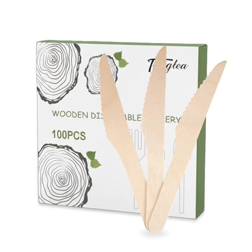 100 Pack Disposable Knives - 6.5 Inch Length Wooden Cutlery - Biodegradable Silverware For Catering Formal Events, Parties, BBQ, Picnic, Camping, Travels, Weddings, Dinner And All Other Occasions