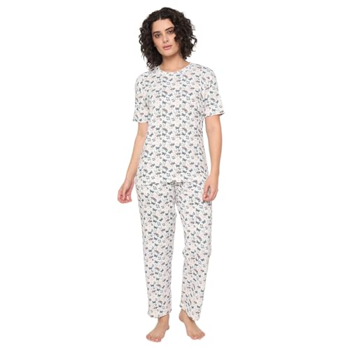 Image of CAMEY Women's Printed Pyjama Set, Short Sleeve T-Shirt and Trousers, Women Nightsuit, Loungewear Sets