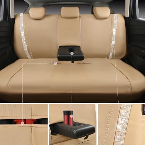 Image of CAR PASS Bling Diamond Car Seat Covers Full Set, Shining Glitter Rhinestone Waterproof Faux Leather Interior Sets Universal Fit Automotive Glitter Crystal Sparkle Strips for Cute Women Girl, Beige