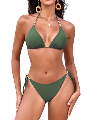 Svanco Maillot de Bain 2 Pièces Femme Triangle Bikini avec Rembourré, Perles Dorées et Tanga à...