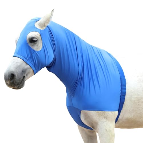 Capucha elástica de caballo con cremallera, cubierta completa para la cara y el cuello para protección contra la picazón dulce, protector de hombro trenzado de melena y escudo contra moscas, azul