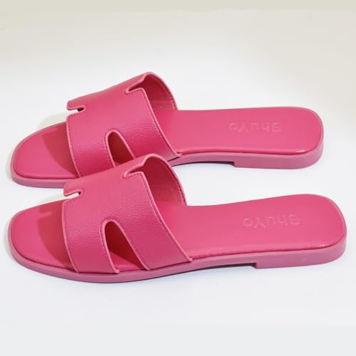 Image of Women's Flat Sandals, Ladies Leather Slippers, Comfy Dressy Slip on Shoes Elegant Slides Summer Fall Spring Cute Open Toe Casual Footwear