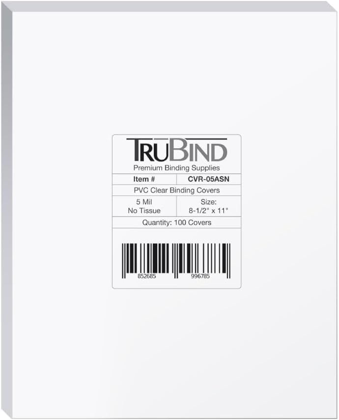 TruBindBinding Covers for Reports and Presentations - Crystal Clear PVC - 5 Mil Thick - Letter Size - 8 1/2 inch x 11 inch - Square Corners - No Tissue Interleaving - 100/Bx (CVR-05ASN)