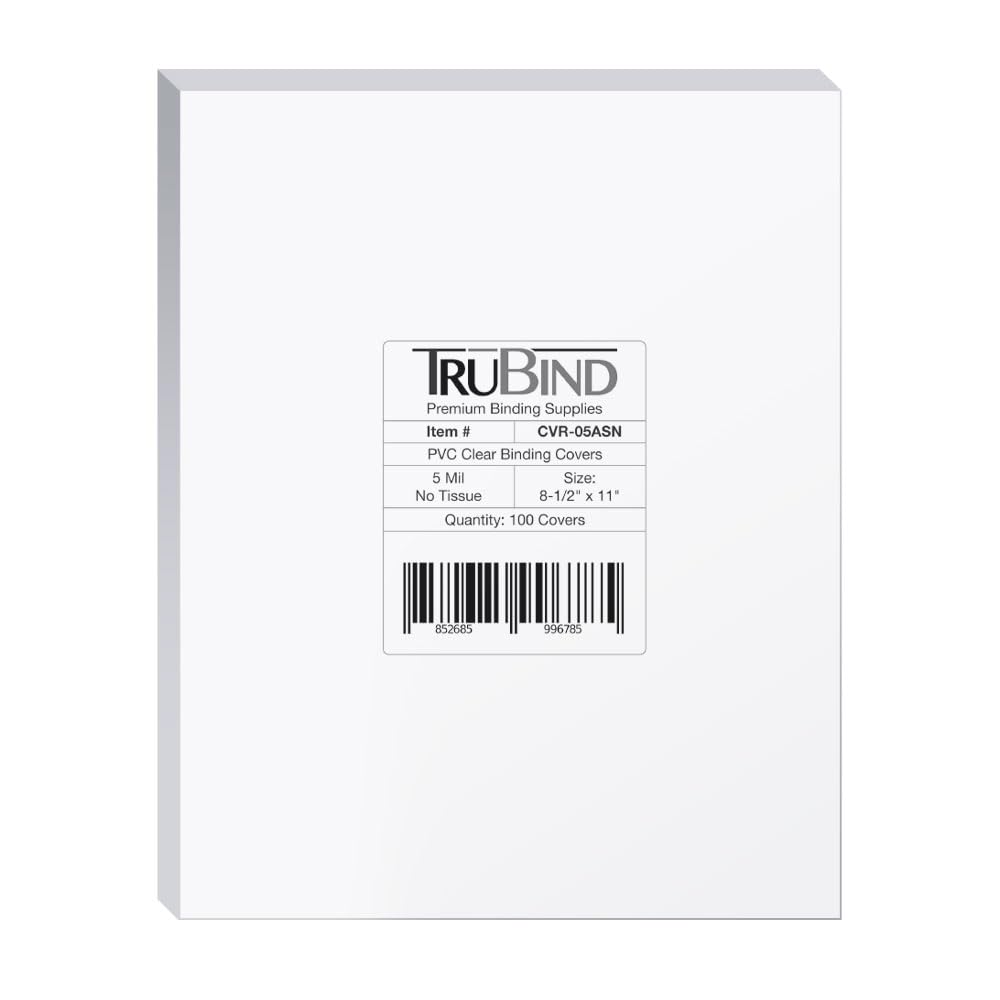 TruBindBinding Covers for Reports and Presentations - Crystal Clear PVC - 5 Mil Thick - Letter Size - 8 1/2 inch x 11 inch - Square Corners - No Tissue Interleaving - 100/Bx (CVR-05ASN)