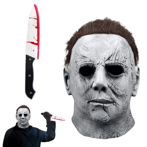Ntwdby Máscara de Michael Myers com faca de brinquedo, máscara de látex de Michael Myers para Halloween, máscaras faciais de Halloween carnaval horror cosplay disfarce