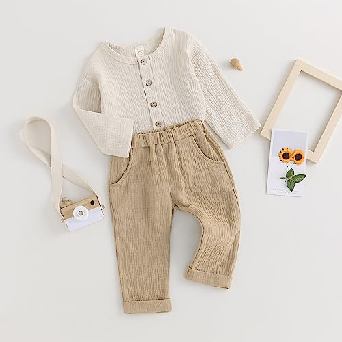 Image of VISGOGO Toddler Boy Linen Outfit Baby Boy Fall Winter Clothes Set Button-Down Shirt Tops Cotton Linen Pants 2PCS