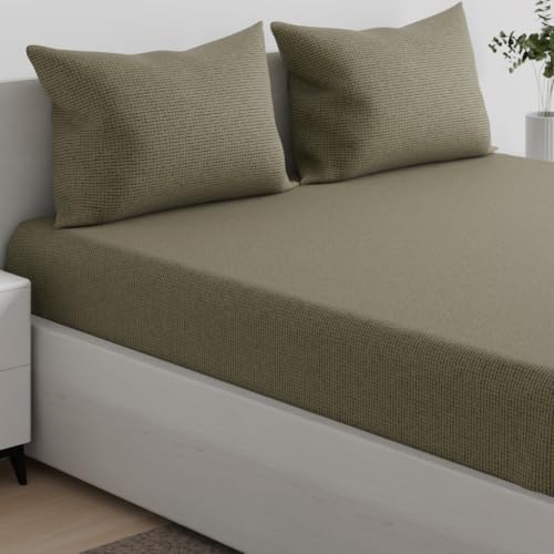 Image of Wakefit 100% Cotton 160 TC Fitted Bedsheet with 2 Pillow Covers | Sage Queen, 78 inch x 60 inch, Sage | 1.98m x 1.52m
