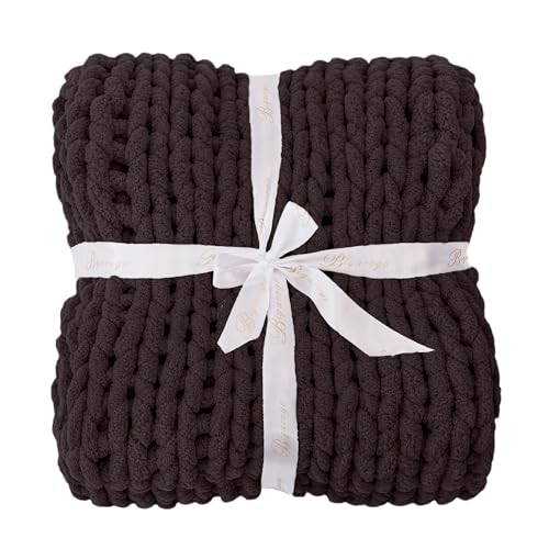 Bigacogo Chunky Knit Throw Blanket for Couch, 40x60 inches, 100% Hand Knitted with Thick Jumbo Chenille Yarn, Cozy Soft Large Rope Knot Cable Crochet Blankets for Sofa Bed Living Room, Chocolate