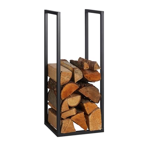 Relaxdays Leñero para Chimenea y Estufa, Metal, 75x30x30 cm, Estante de Leña para Interior, para Apilar Troncos, Negro, Hierro