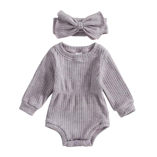 Infant Baby Girl Fall Outfit Clothes Long Sleeve Knit Romper Jumpsuit with Headband Newborn Coming Home Clothing