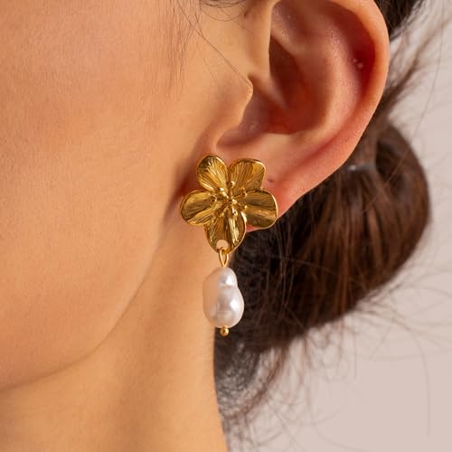 Bohemian Gold Flower Earrings for Women Mom Boho Baroque Pearl Pendant Trendy Elegant Dangle Drop Stud Stainless Steel Jewelry for Women2