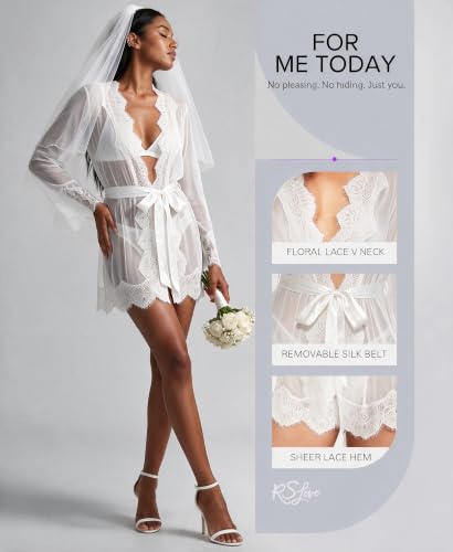 Image of RSLOVE Women Lace Kimono Robe Sexy Babydoll Lingerie Mesh Cover Up Bridal Lingerie