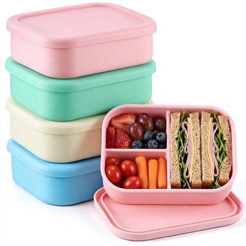 Image of Layhit 4 Pcs Silicone Bento Box for Adults, 27 oz Bento Lunch Container Reusable Food Container for Women Men, Leak Proof Microwave Dishwasher Freezer Safe (3 Compartments,Mint Colors)