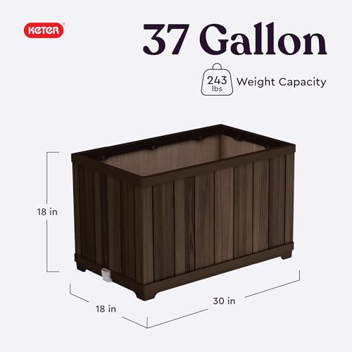 Image of Keter Signature 21.7 Inch Tall Rectangular Large Wood Look Planter for Indoor or Outdoor Flower Pot Ideal for Patio Deck and Front Porch Decor, Rosewood