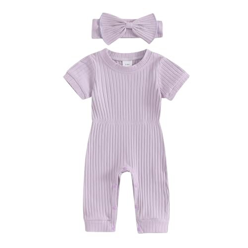 Image of Winioder Newborn Baby Girl Summer Clothes Solid Color Ribbed Short Sleeve Romper Jumpsuit with Headband Coming Home Outfit
