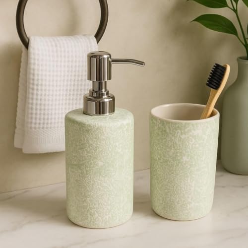 Image of Ceramic Bathroom Set of 2 | 330ml Soap Dispenser & Toothbrush Holder | Green Chemical Texture Finish | Luxury Refillable Bathroom Accessories for Modern Homes | Green
