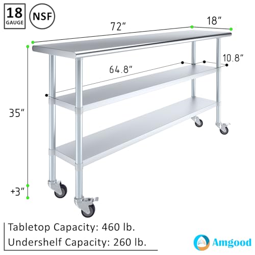 Image of AmGood Stainless Steel Work Table with 2 Shelves and Casters | Metal Utility Table On Wheels (Stainless Steel Work Table with 2 Shelves + Casters, 72 inch Long x 18 inch Deep)