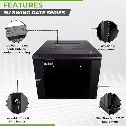 Image of NavePoint 9U Server Cabinet with Hinged Back - 23.6 inch Deep, Server Rack Enclosure with Locking Glass Door, Wall Mount Rack with Removable Side Panels, Network Cabinet with 2 Fans, Pre-Assembled