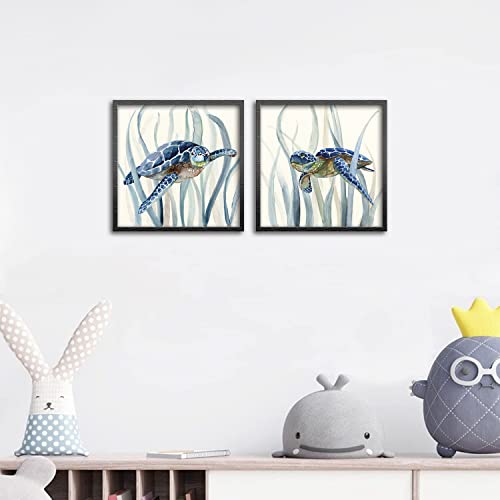 Sycdeor Sea Turtle Framed Wall Art Print - Turtle Across Seagrass Print Artwork For Bathroom Bedroom Kids Room Decor (Black 12"X12") #TOP1