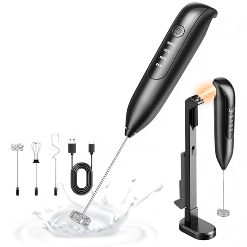Image of Dynooper Electric Milk Frother Handheld: coffee frother rechargeable 3 in 1 - LED Display, Wireless Charging - 3 Speeds, Stainless Steel Whisk for Latte, Cappuccino - Bright Grey