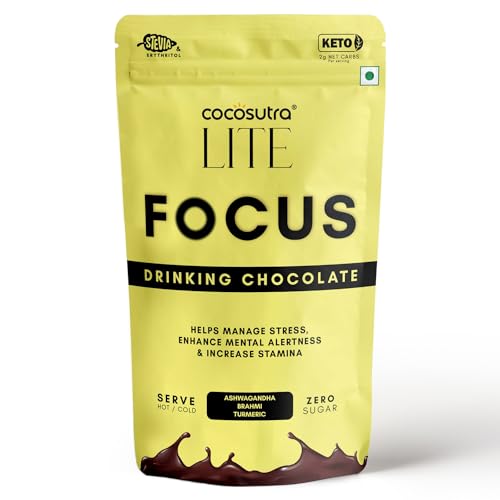 Image of Cocosutra FOCUS - Sugar Free Ashwagandha Drinking Chocolate Mix | Enhances Mental Alertness & Reduces Stress | Keto Friendly | Enjoy hot or cold | 200 g
