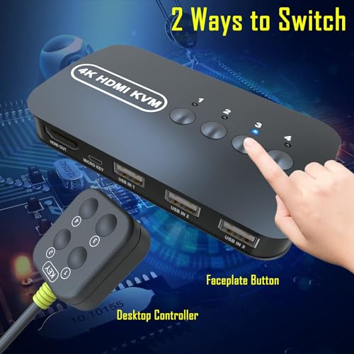 Image of MICROWARE HDMI KVM Switch 4 Port - KVM Switch 4 Computers - USB KVM Switch Share Keyboard Mouse Printer,Flash Drive,HD Monitor, Support 4K@30Hz, 4 HDMI KVM Cables 1 Desktop Controller Included