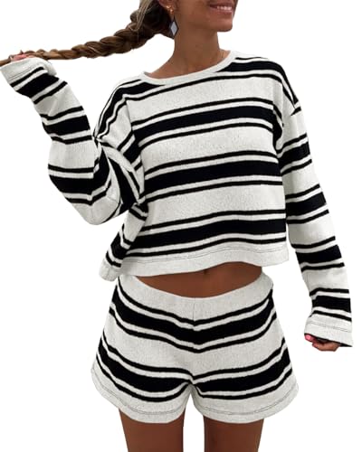 Langwyqu Womens Striped Pajama Sets Long Sleeve Crewneck Sweater Top and Shorts 2 Piece Outfits Lounge Sets