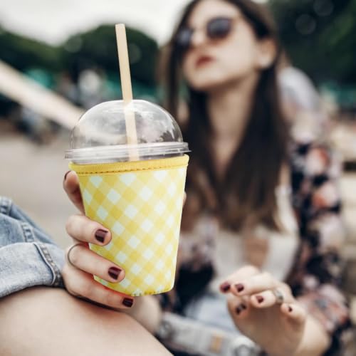 Image of Reusable Insulated Sleeve for Iced Coffee Cup, Coffee Neoprene Sleeve for Cold & Hot Drinks, Beverage Holder for Iced Coffee (Yellow Gingham, Large: 32oz)