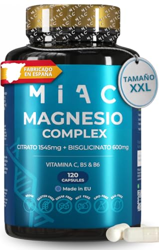 Magnesio Complex - Citrato de Magnesio + Bisglicinato de Magnesio - Energía Diaria + Reduce Cansancio y fatiga - con Vitaminas B5 B6 C - 120 cápsulas