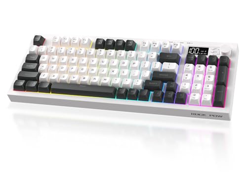 ROCK POW 85% 94 Key Wireless Gaming Keyboard Bluetooth Computer Keyboard with Media Knob Number Pad RGB Backlit Tri Mode BT/USB-C/2.4GHz Keyboards for PC/Tablet/Xbox/PS4/PS5 White Grey Cream
